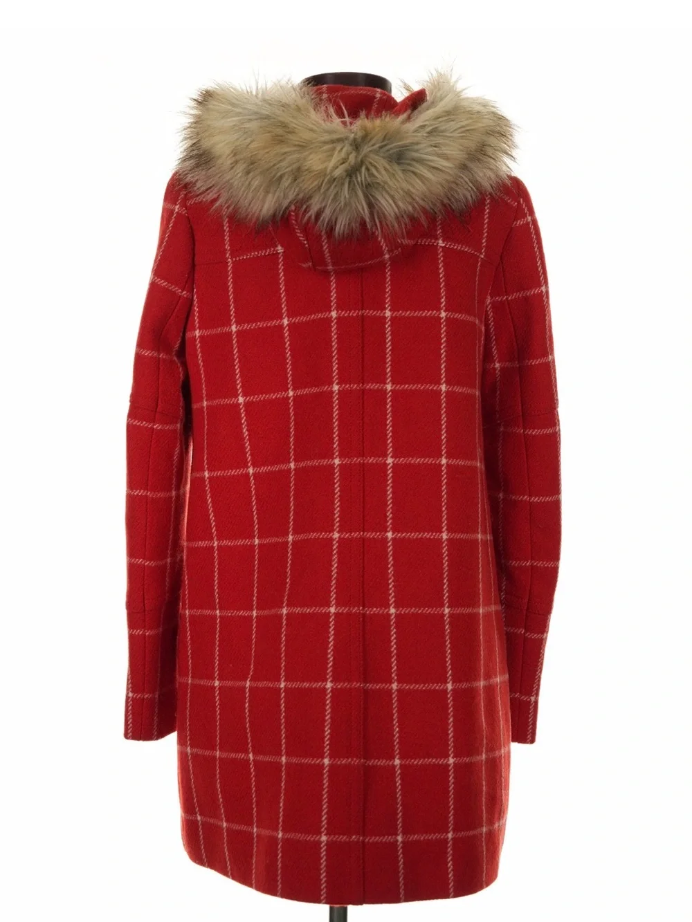 JCrew Chateau Wool Parka Red White Windowpane Plaid Coat w/ Faux Fur Trim Hood 2